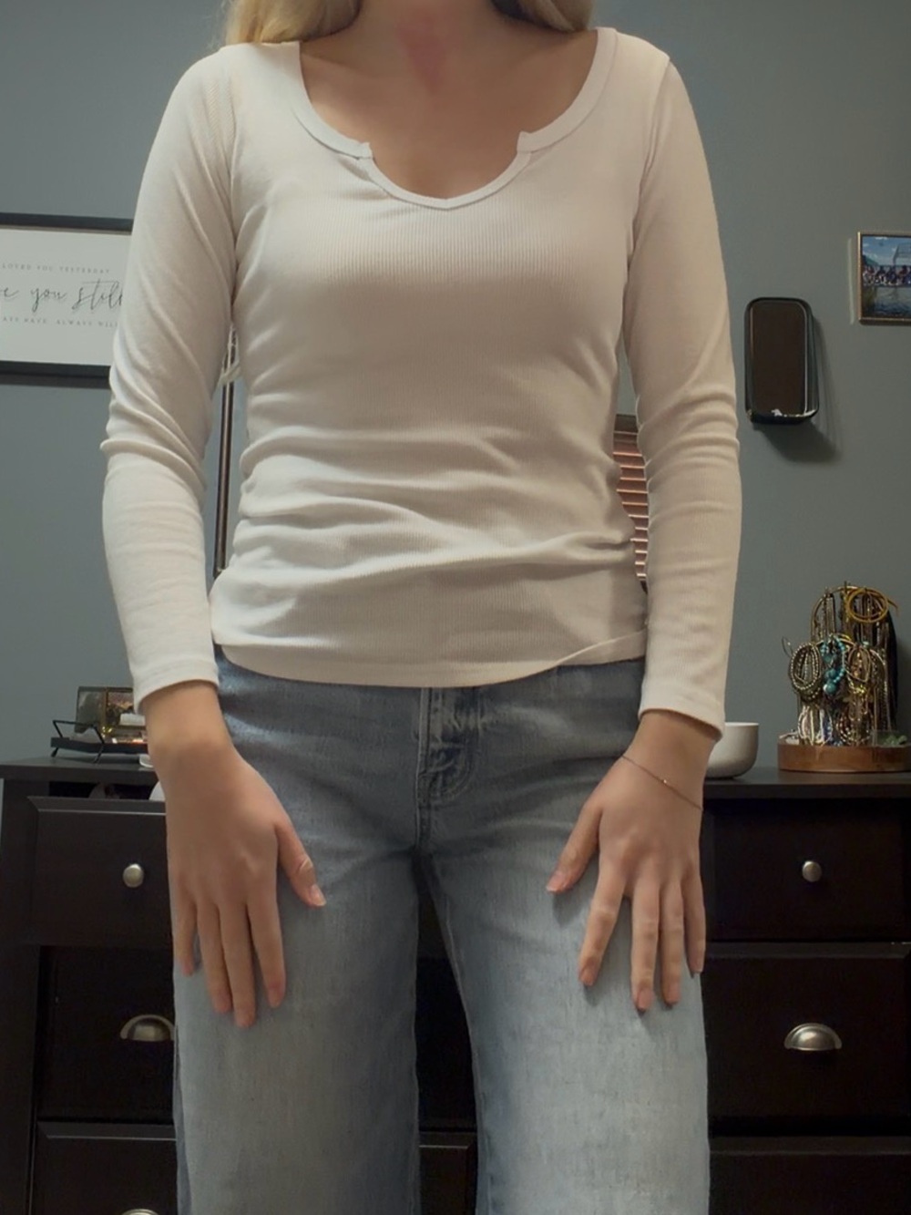 SHEIN Cream Long Sleeve Ribbed Scoop Neck Top